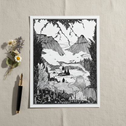 Harry Clarke ‘Landor’s Cottage’ 1923 illustration unframed print, laid flat on natural cotton surface, vintage fountain pen, dried flowers, subtle shadows, archival matte paper texture, elegant minimalist product photography.