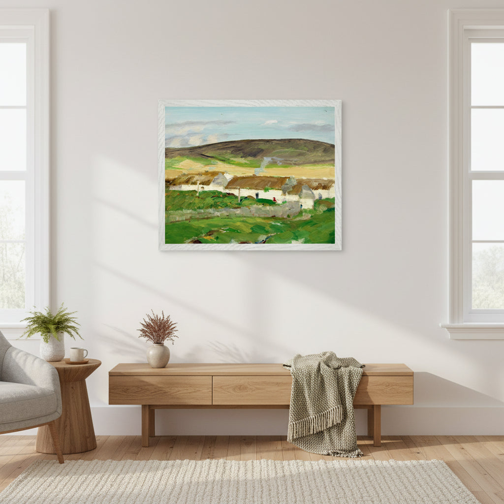 Museum-quality framed Irish cottage landscape print styled in a Scandinavian-Irish fusion living room. Buy Irish Art