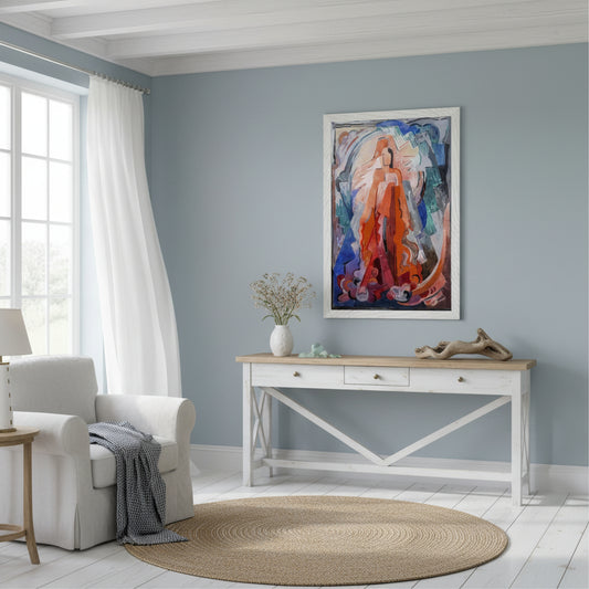 I Have Trodden the Winepress Alone by Irish Artist Mainie Jellett Art Print, light coastal Irish home interior with soft blues and whites, framed print in white frame over console table, gentle natural sunlight, airy atmosphere, premium interior realism, 4K detail