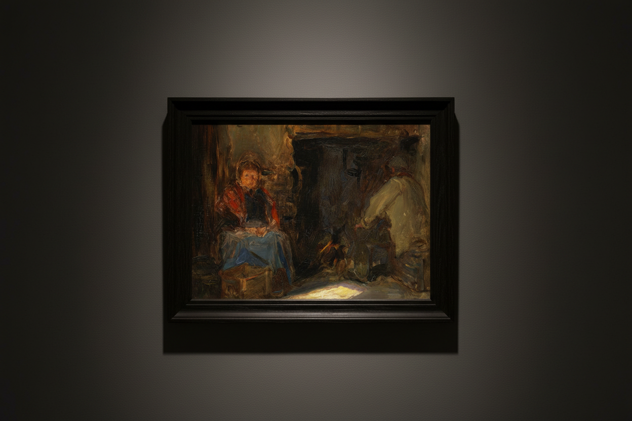  Dramatic fine art photograph of an Irish interior painting A Galway Cottage - Art Print by Irish Artist Walter Frederick Osborne in a dark wood frame, low-key lighting, deep shadows, painterly texture visible, cinematic realism, museum atmosphere, emotional depth, classic Irish art aesthetic
