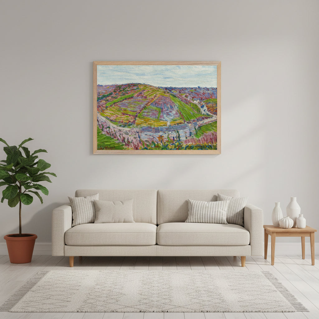Large framed art print of Roderic O’Conor’s Paysage, Pont Aven (1892) in a natural oak frame, hanging above a low mid-century sofa in a bright Scandinavian living room, neutral walls, soft daylight, wooden floor, plants and simple ceramics, artwork colours vivid and accurate, straight-on view.