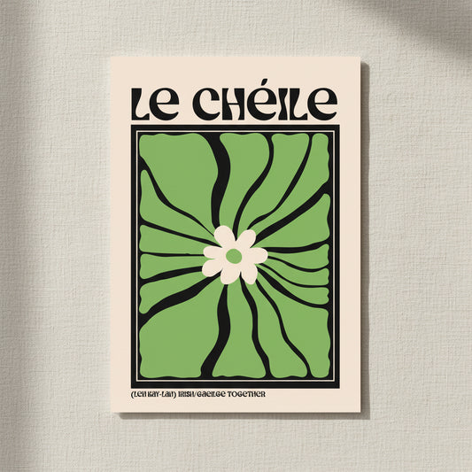 Le Chéile - Together Print, As Gaeilge, Phrase, Irish Language Prints unframed archival print resting on light linen fabric. Soft natural daylight, gentle shadows, artisanal fine-art photography style.