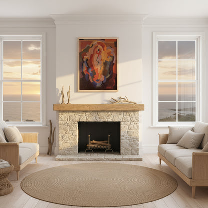 Mainie Jellett Abstract Composition framed in coastal Irish living room with sea view and stone fireplace.