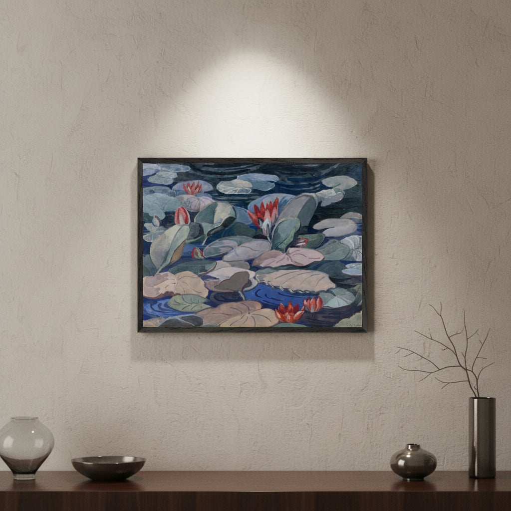 luxury art mockup of Mainie Jellett’s A Water-Lily Pond, thin black premium frame, museum-quality matte paper, soft gallery spotlight, neutral textured wall, high-end interior, elegant shadows
Collector’s Edition art print of Mainie Jellett’s 1919 Water-Lily Pond, museum-quality reproduction with soft blues, greens, and red water lilies.
