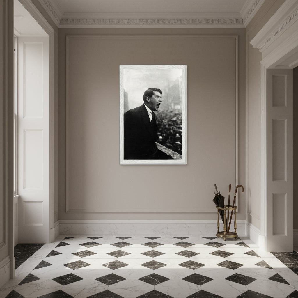 Michael Collins framed print in white wood frame displayed in a Georgian entrance hallway with high ceilings, checkered marble floor, antique umbrella stand, and soft natural window light.