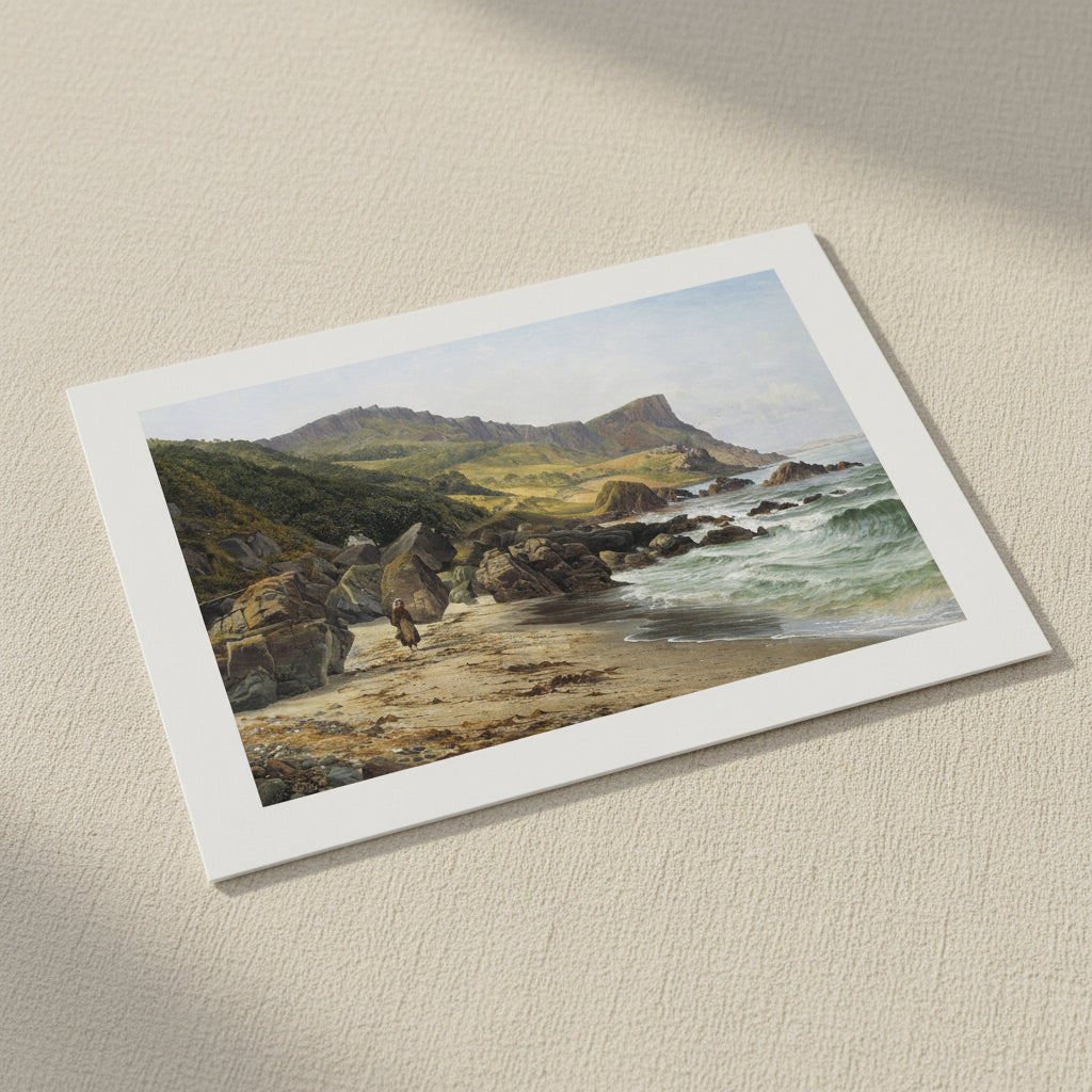 Murlough Bay & Fair Head – Collector’s Edition Irish Landscape Print. 30x45cm unframed archival print resting on light linen fabric. Soft natural daylight, gentle shadows, artisanal fine-art photography style.
