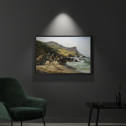 Murlough Bay & Fair Head – Collector’s Edition Irish Landscape Print, Dark charcoal wall, spotlight on the artwork, dramatic shadow falloff, black frame, luxury interior styling, rich textures like velvet and matte black metal. Buy Irish art