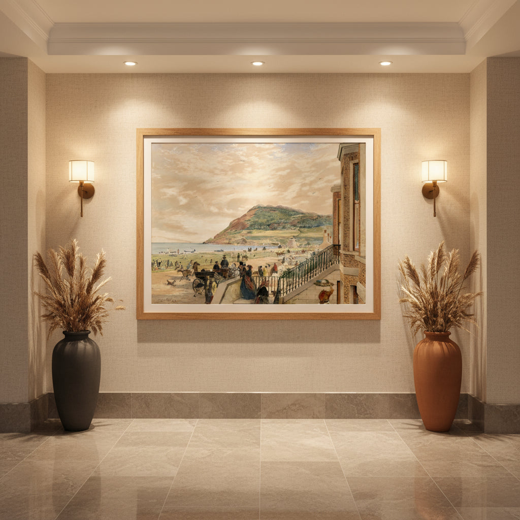 Natural wood frame Bray print in boutique hotel entrance with stone floors, sea grasses in ceramic vases and soft ambient lighting.