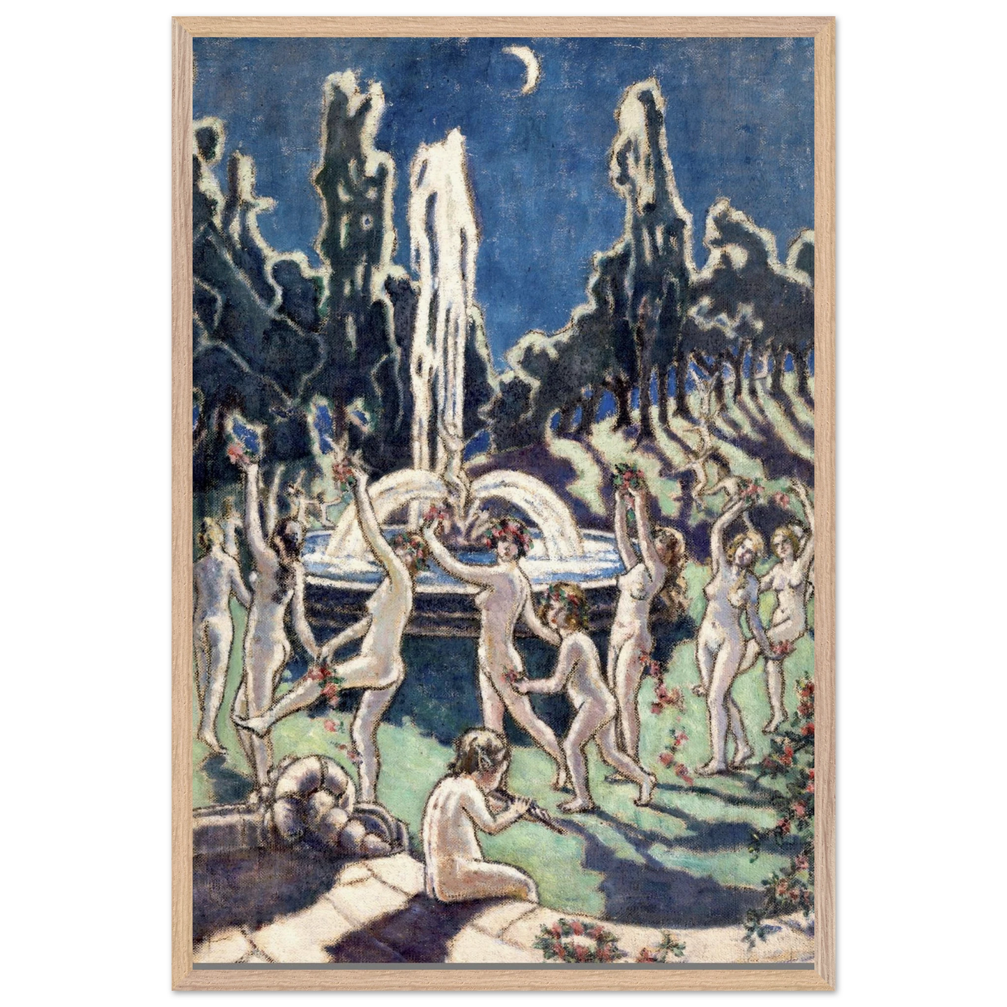 Nudes Dancing round a Fountain by Moonlight by Mainie Jellett – natural wood framed Irish Modernism print