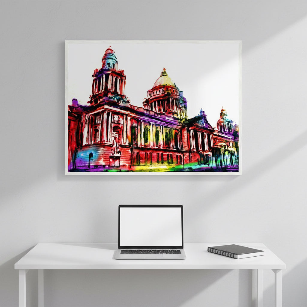 Oversized 60x80 cm colourful Belfast City Hall gallery print in white frame, hanging on a light grey wall in a modern office or studio, simple desk beneath with laptop and notebook, natural window light, realistic mockup.