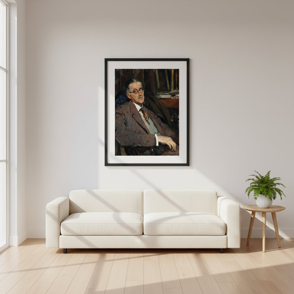 On the wall: a Gallery Edition framed art print, shown in a slim modern gallery frame Portrait Print of Irish Writer James Joyce by Artist Jacques-Emile Blanche, 1861-1942 Framed Art Print 
