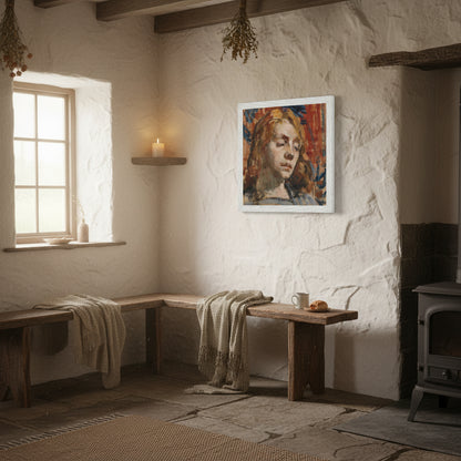 Portrait of Kathleen Behan Mother of all Behan's by Irish Artist Sarah Henrietta Purser Art Print White wooden frame inside an Irish cottage-style room, white plaster walls, rustic bench, bright cosy daylight, soft organic textures, ultra-realistic.
