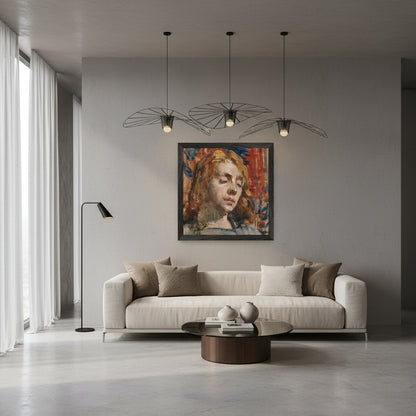 Portrait of Kathleen Behan by Sarah Henrietta Purser Black wooden frame in a modern luxury apartment, stone-grey walls, linen sofa, designer lighting, minimalist high-end interior, sharp realism.
