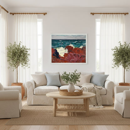 “Red Rocks and Sea (1898) by Roderic O’Conor — vivid red rocks and crashing Atlantic waves painted in bold Post-Impressionist colour.”