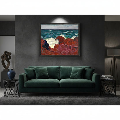 Red Rocks and Sea by Roderic O’Conor – Collector’s Edition Irish Art Print Dark charcoal wall, spotlight on the artwork, dramatic shadow falloff, black frame, luxury interior styling, rich textures like velvet and matte black metal.
