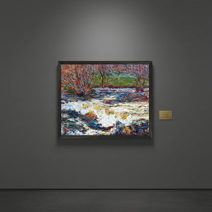 Roderic O’Conor The Rushing Stream in a black frame on a charcoal-grey museum wall, subtle spotlighting, brass gallery plaque, quiet exhibition hall atmosphere, extremely realistic professional museum photography.