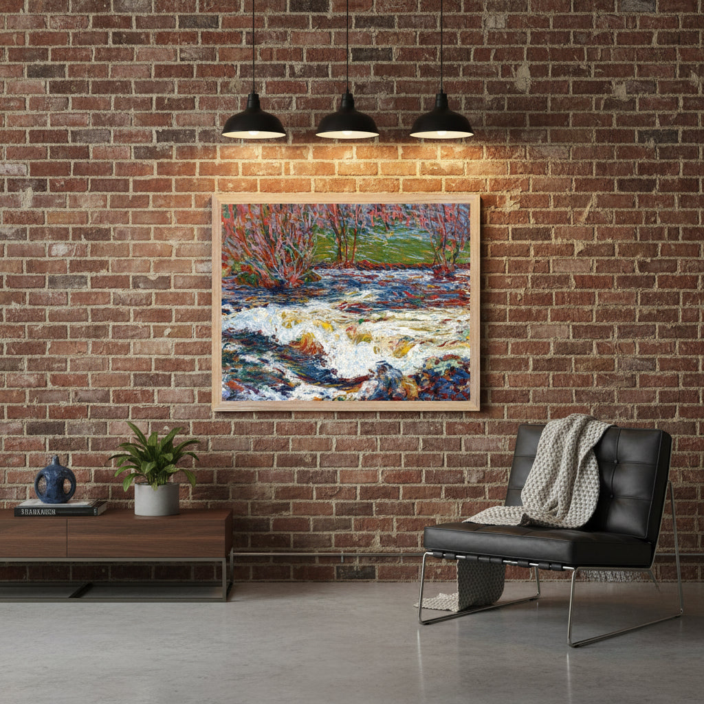 Roderic O’Conor framed art print hanging on an exposed brick loft wall, industrial lighting, polished concrete floor, stylish contemporary furniture, premium gallery-style mockup
