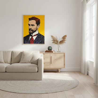 Scandinavian living room with linen sofa and woven rug; Roger Casement art print in natural oak frame centred above a sideboard with Irish heritage decor accents.