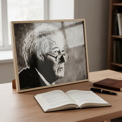 Immerse your space in the poetic brilliance of Seamus Heaney with our framed fine art print. This carefully crafted portrait print pays homage to the lyrical genius of the beloved Irish poet.Oak-framed print behind a minimalist desk in a writer’s office, with a fountain pen, notebook, and open poetry anthology nearby. Subtle reflections in the plexiglass hint at soft daylight and calm focus.