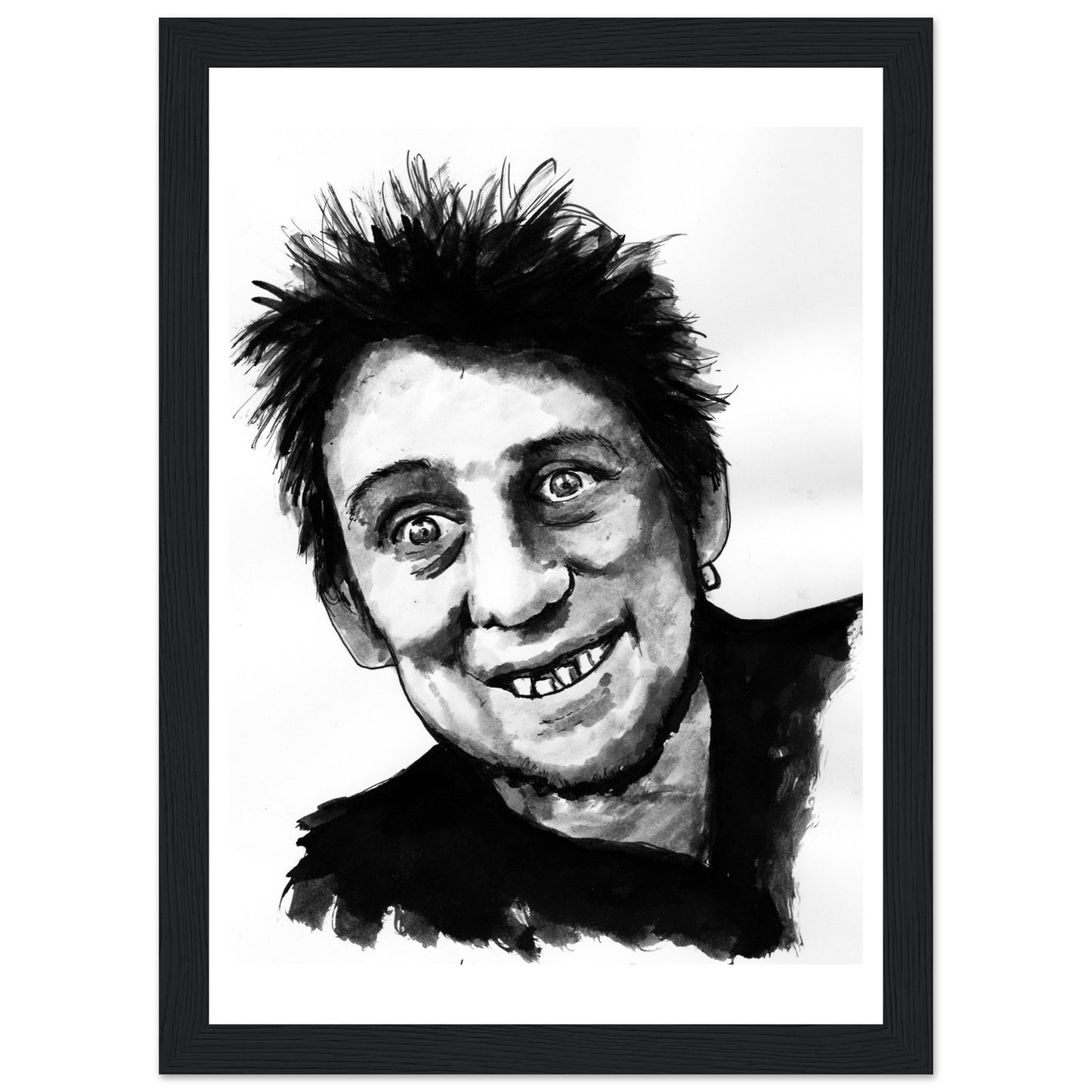 Shane MacGowan framed wall art print featuring a bold Black and white portrait of the Irish folk music legend, capturing his iconic presence with a vintage vibe and punk rock flair.