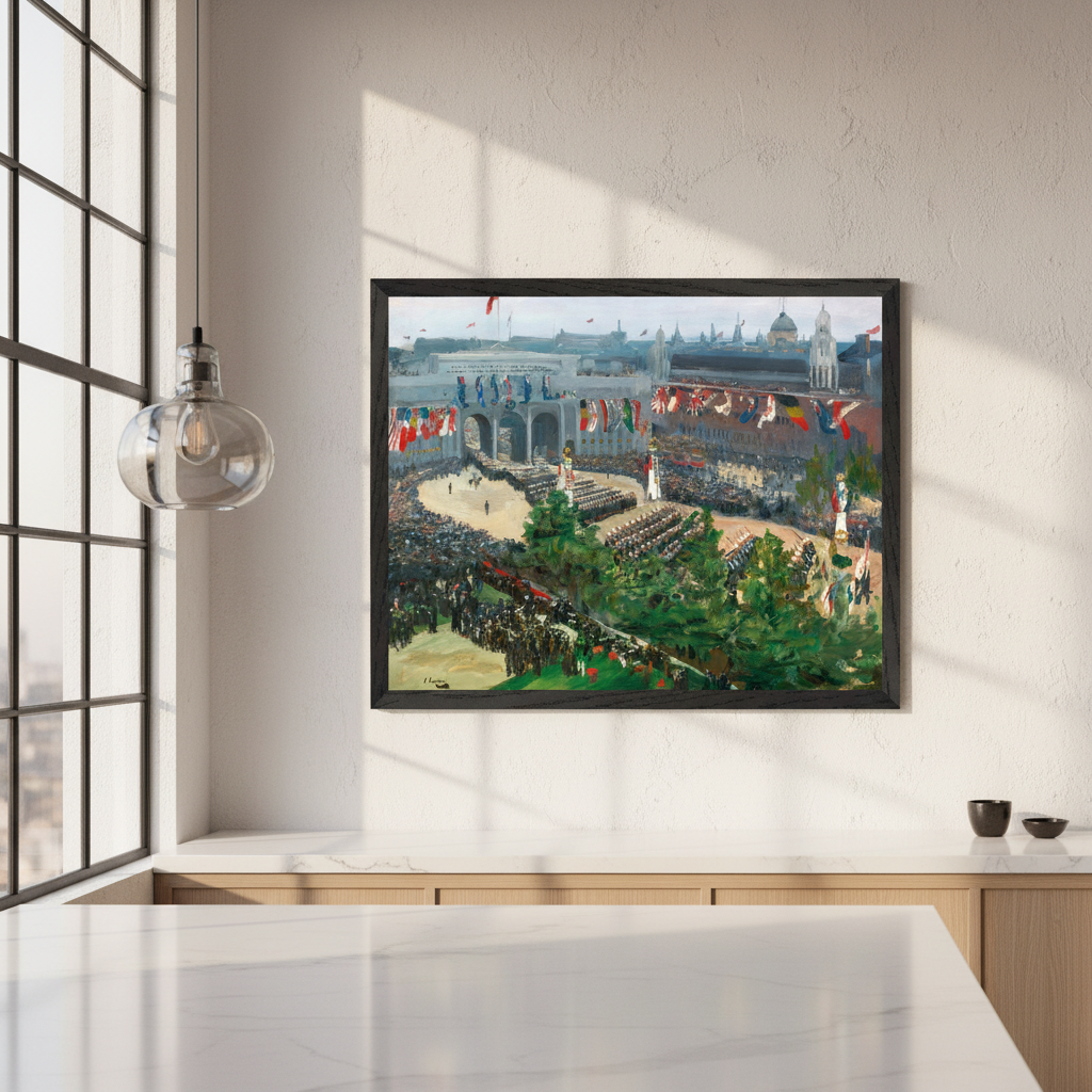 Admiralty Arch Victory Parade print in a black frame above a white marble kitchen counter beside a tall window