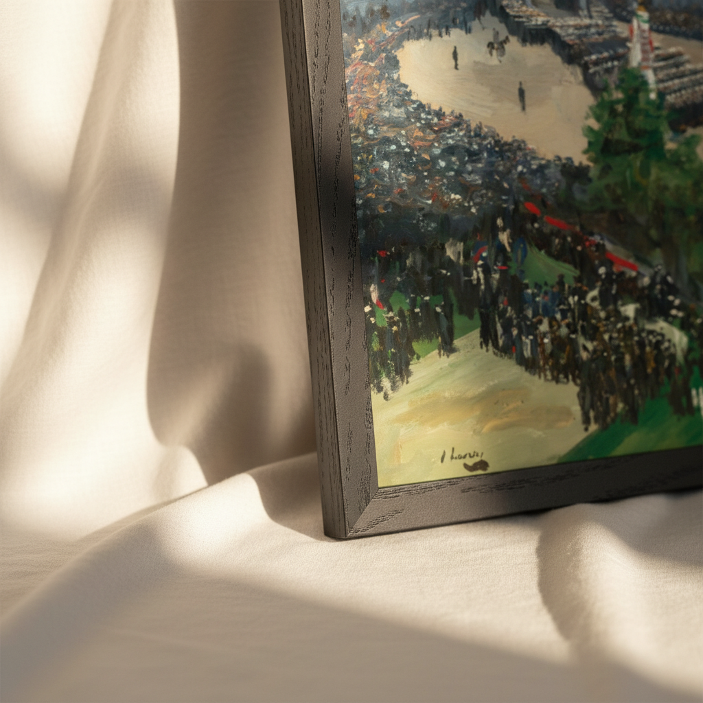Detail of the Admiralty Arch Victory Parade print in a black frame resting on cream fabric in sunlight