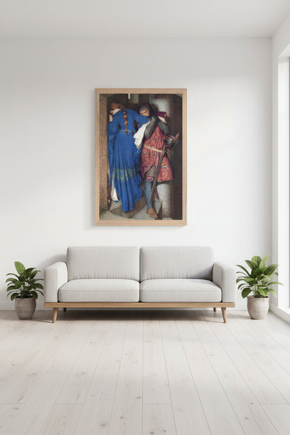 Large framed art print in a natural oak frame, hanging above a low mid-century sofa in a bright Scandinavian living room, neutral walls, soft daylight, wooden floor, plants and simple ceramics, artwork colours vivid and accurate, straight-on view