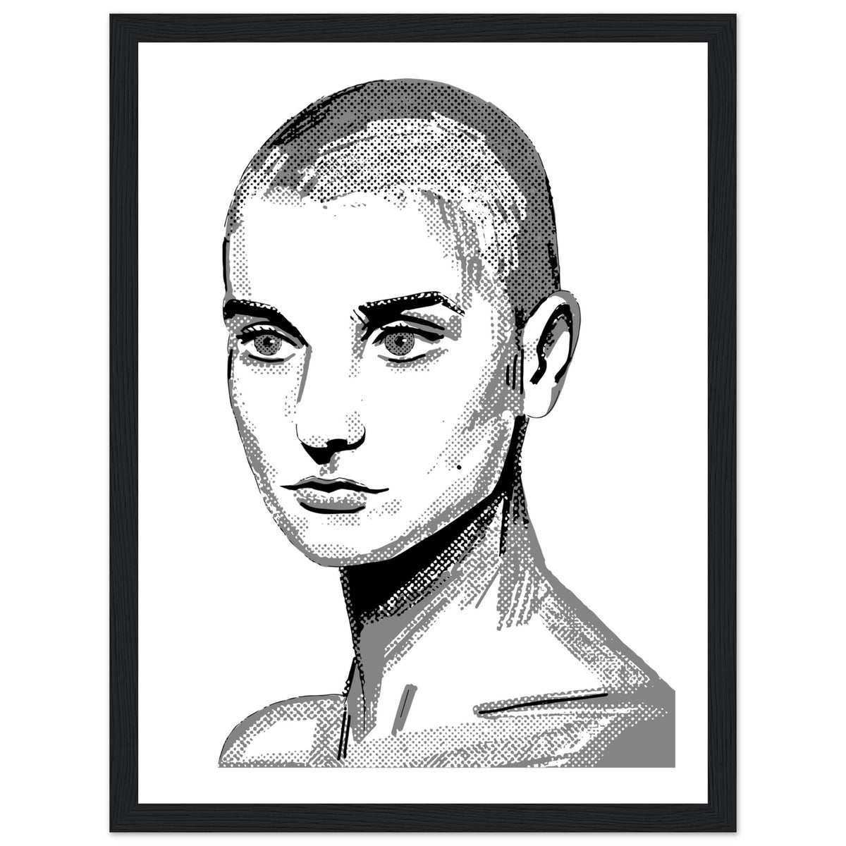 Sinéad O'Connor portrait drawing in black and white with shaved head, poster in a wide black frame