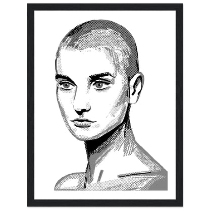 Sinéad O'Connor portrait drawing in black and white with shaved head, poster in a wide black frame