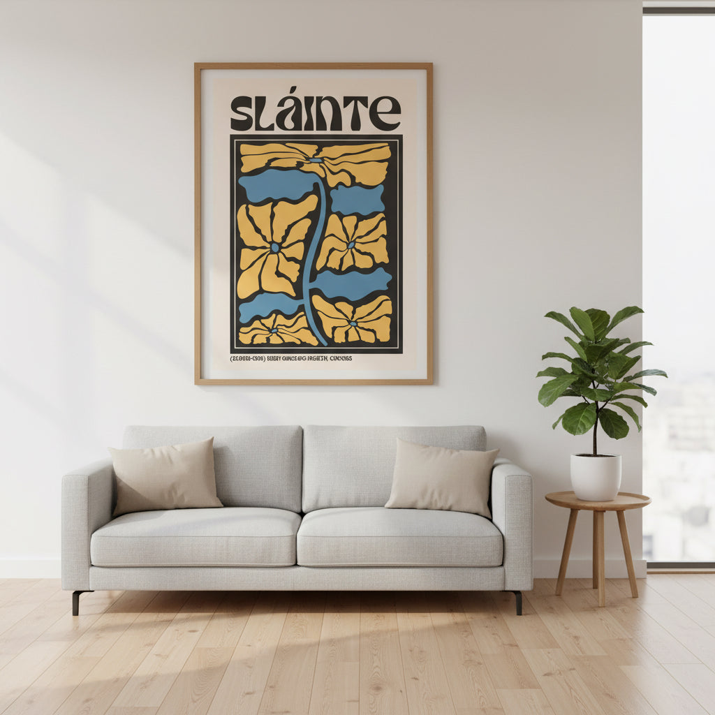 Sláinte Irish phrase print in bold black typography with abstract floral design in yellow and blue.