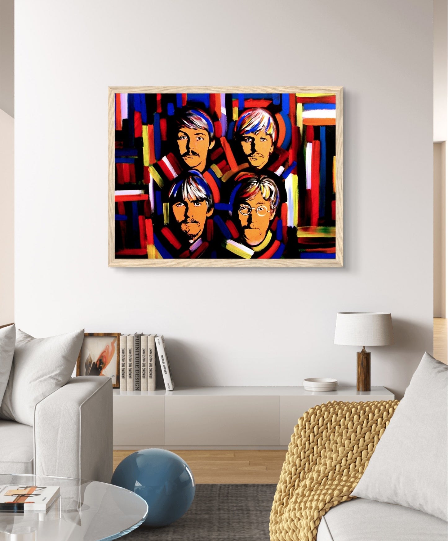 Colorful art print by Irish artist Ó Maoláin featuring portraits of The Beatles: John Lennon, Paul McCartney, George Harrison, and Ringo Starr, capturing their musical legacy and cultural impact.