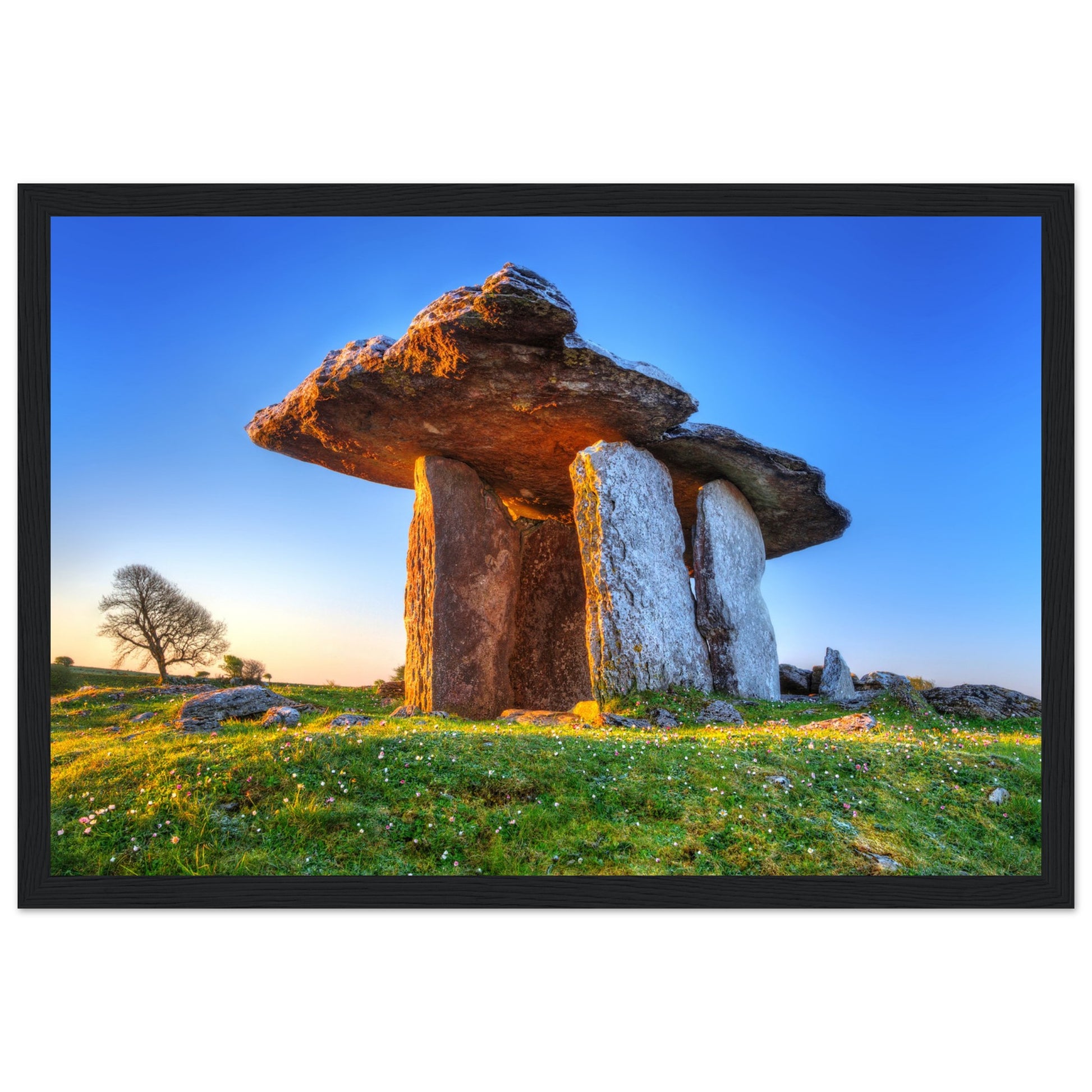 Framed Irish Wall Art Print: Poulnabrone Dolmen, iconic Irish monument on Burren plateau. Rich history, breathtaking landscape.