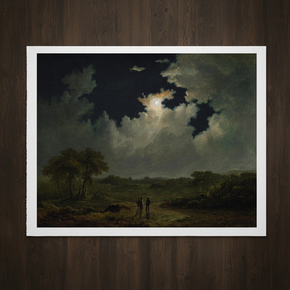 The Poachers (c.1830s) by James Arthur O’Connor – Irish Art Print unframed gallery edition print laid flat on dark wooden table.