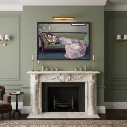 The Green Sofa by Sir John Lavery in A2 size, black gallery frame, ready to hang. A2 black frame above classic fireplace mantel, heritage home interior, museum-style lighting.