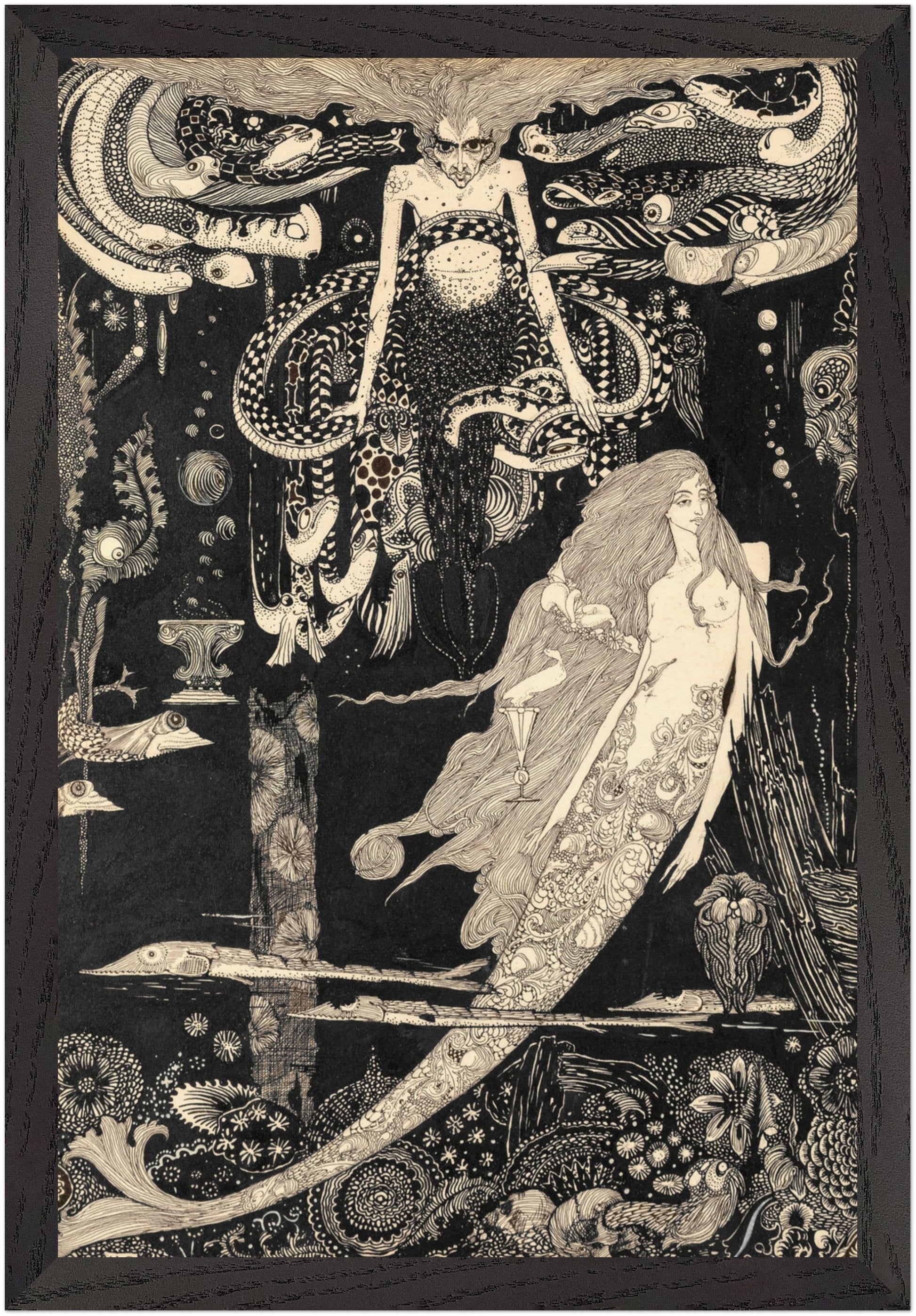 The Little Sea Maid by Harry Clarke, vertical 30×45 cm art print in a black gallery frame, intricate Art Nouveau illustration.