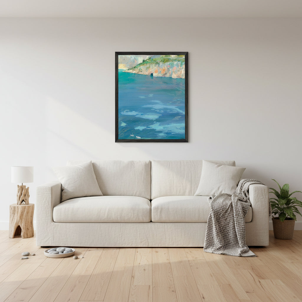 The Little White Boats, Cap Ferrat by Sir John Lavery framed art print, 40x50 cm, black wooden frame, hanging above a light linen sofa in a bright modern living room, white walls, soft natural daylight from large window, pale oak floor, minimal Irish coastal decor.