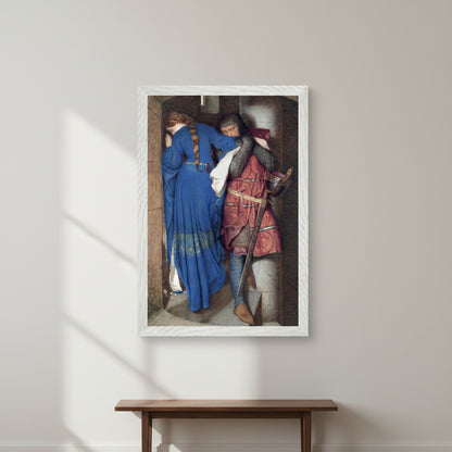The Meeting on the Turret Stairs by Frederic William Burton, 30x45 cm vertical art print in a white gallery frame, Collector’s Edition museum-quality reproduction. Collector’s Edition of ‘The Meeting on the Turret Stairs’ by Frederic William Burton in a white gallery frame, vertical orientation, realistic shadow depth, museum-quality fine art presentation, hanging on a light neutral wall with soft daylight, minimalist interior styling suitable for premium art sales.