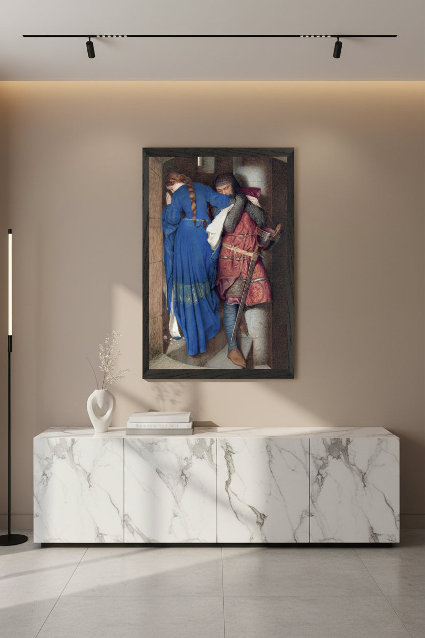 The Meeting on the Turret Stairs by Frederic William Burton, 60x90 cm vertical art print in a black gallery frame, large-format Collector’s Edition reproduction. High-end contemporary apartment with marble sideboard, vertical artwork in black frame, dramatic but soft lighting, luxury editorial aesthetic.