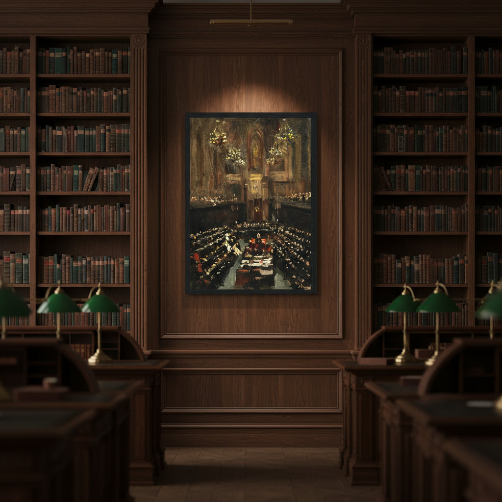 museum-grade framed art print hanging in a dimly lit heritage library, dark walnut shelves, brass desk lamps, Irish historical atmosphere, black wooden frame, crisp lighting, ultra-realistic interior photography, soft shadows, premium gallery styling