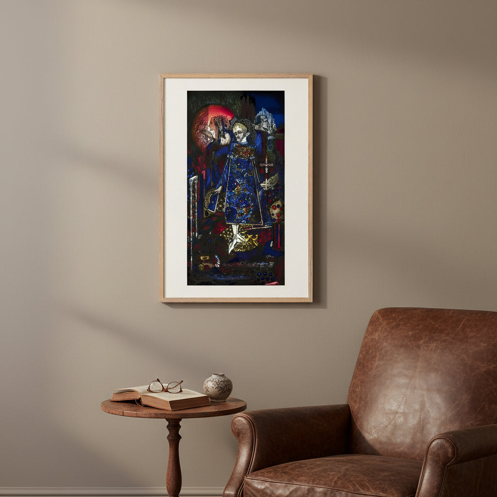 Create a premium interior mock-up of a Collector’s Edition archival print of “The Song of the Mad Prince” by Harry Clarke (1917). Frame: natural oak hardwood, FSC-certified, warm tone, gallery profile. 
Print size: 40 × 80 cm. 