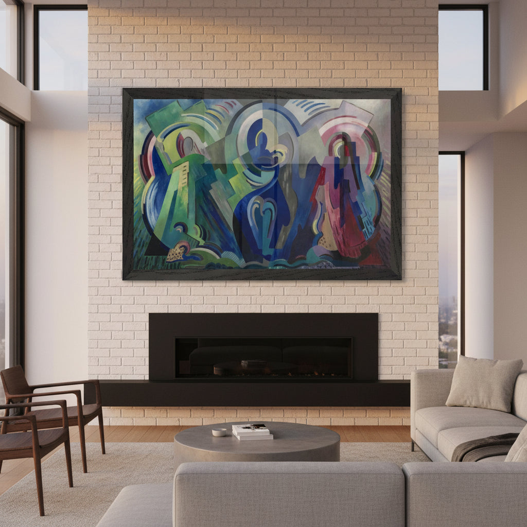 The Virgin of Éire by Mainie Jellett Large framed piece centered above a fireplace in open-plan contemporary home, white brick wall, mat black frame, soft dusk light, reflections on plexiglass visible, luxury interior styling.

