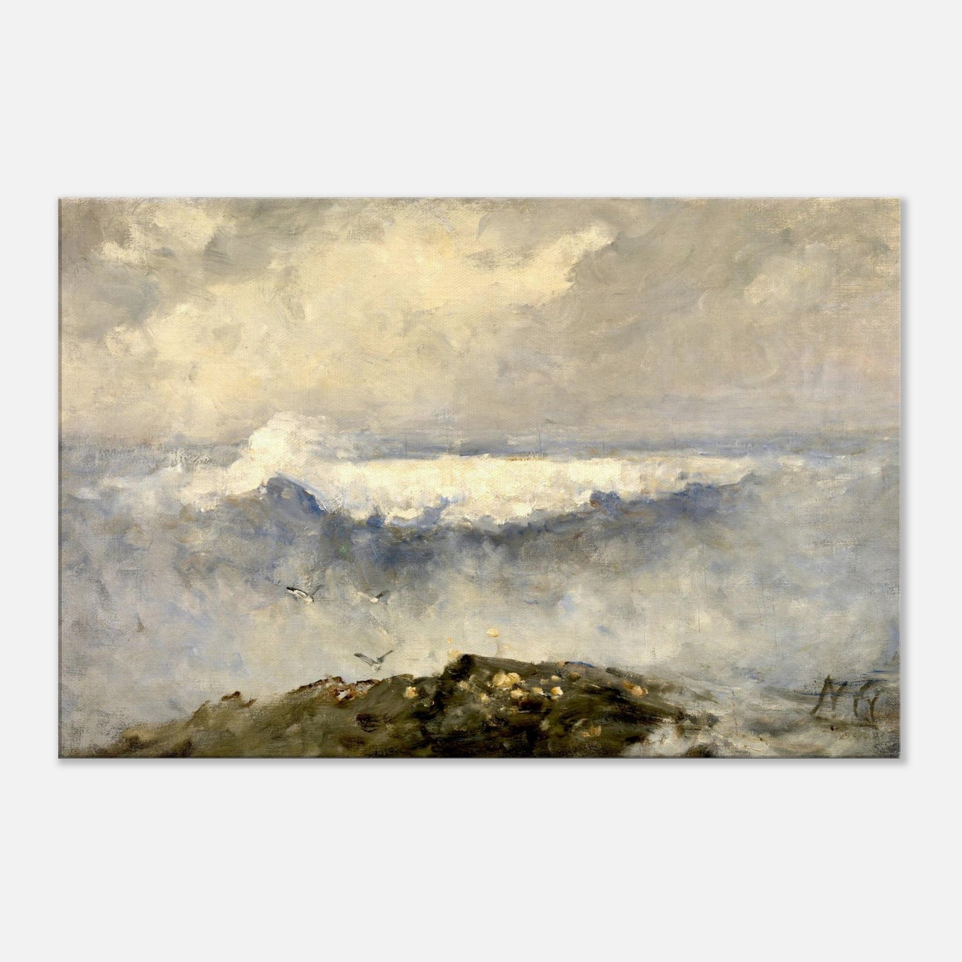 The Wave canvas in a minimalist white-walled room with Scandinavian furnishings and neutral textures