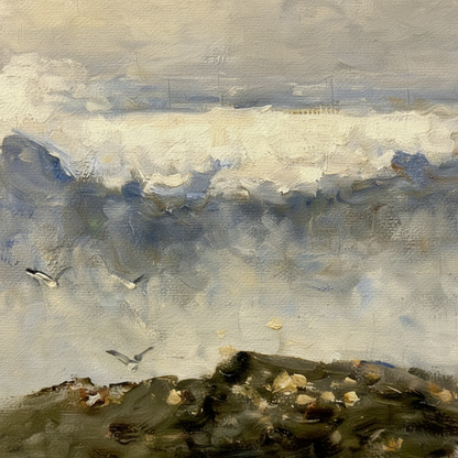 Macro close-up of textured canvas showing pigment detail from The Wave by Nathaniel Hone