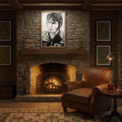 The print in a traditional Irish home, stone fireplace, framed Celtic prints, leather armchair, low warm lighting, whiskey decanter on table.