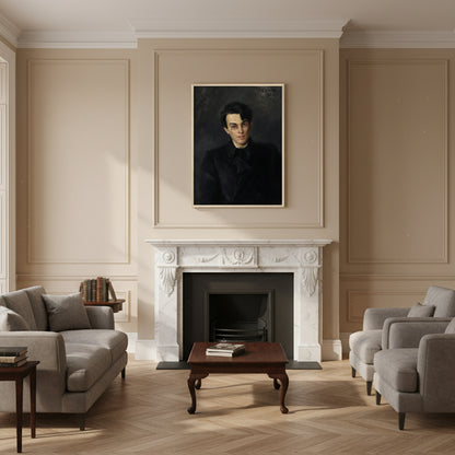Traditional Dublin townhouse interior with ivory plaster walls, marble fireplace, and Yeats portrait in natural oak frame above the mantel; soft diffused daylight, subtle heritage tones.