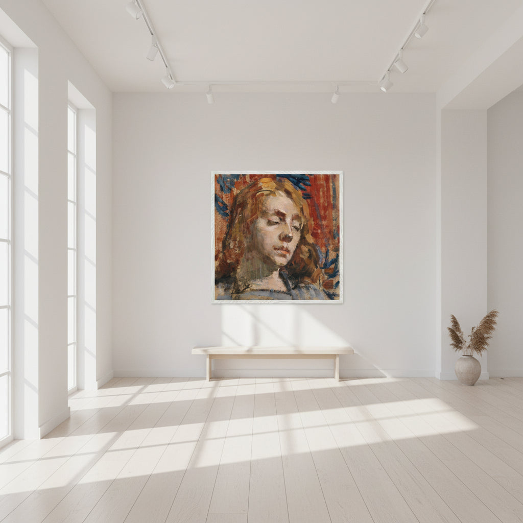 White-frame gallery mock-up of Purser’s ‘Portrait of Kathleen Behan’, styled in a minimal Scandinavian interior with soft daylight, airy textures, white walls, refined museum presentation.