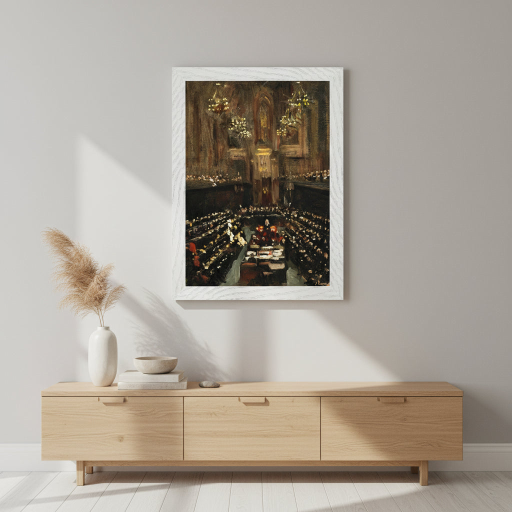 White wooden frame around Lavery’s Treaty painting displayed above a light oak sideboard, ceramic vases and linen-textured decor, bright morning light, premium Nordic aesthetic, ultra-sharp detail.