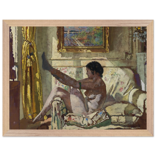 William Orpen Sunlight framed art print, warm-toned interior with nude woman adjusting stocking, natural wood frame, 30x40 cm.