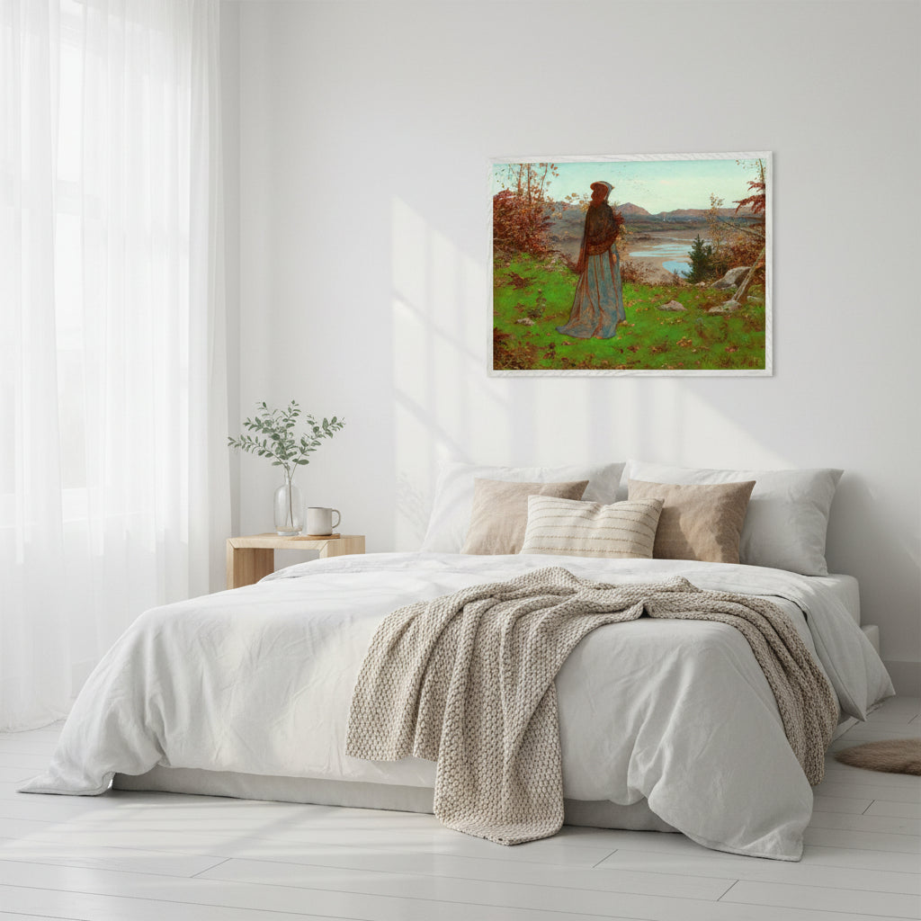 Woman in an Autumn Landscape – William J. Hennessy Irish Art Print White frame in a bright, minimalist bedroom crisp bedding, soft Scandinavian elements, fresh morning light, airy and refined feminine atmosphere