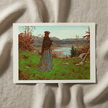 Woman in an Autumn Landscape – William J. Hennessy Irish Art Print unframed archival print resting on light linen fabric. Soft natural daylight, gentle shadows, artisanal fine-art photography style.